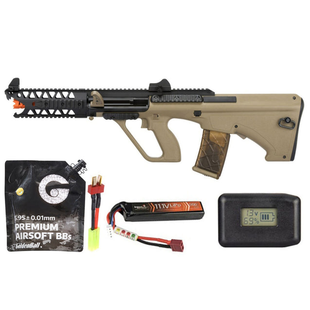 Army Armament Aug 7" Raptor Aeg Airsoft Rifle - Battery/Adapter/Charger Combo - (Tan)