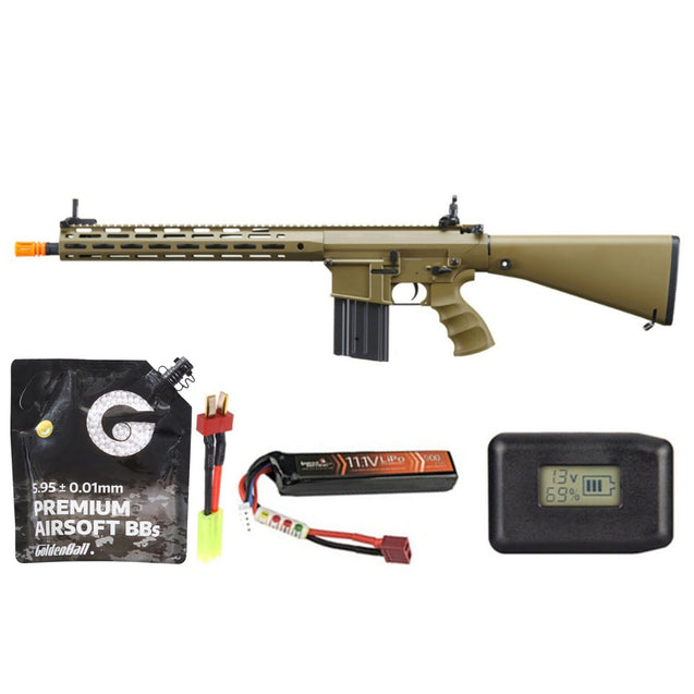 Golden Eagle Airsoft SR-25K W/ URX4 M-LOK Handguard & Full Stock - Battery/Adapter/Charger Combo - Tan