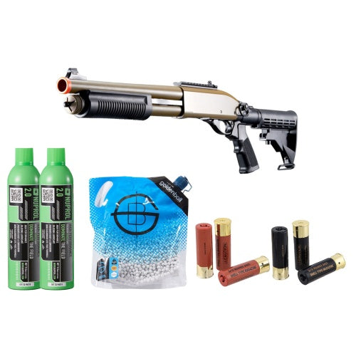 Golden Eagle M8871 3/6-Shot Pump Action Gas Airsoft Shotgun w/ Ghost Ring Iron Sights & M4 Crane Stock Shell/Green Gas Combo - (Tan)