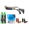 Golden Eagle M8871 3/6-Shot Pump Action Gas Airsoft Shotgun w/ Ghost Ring Iron Sights & M4 Crane Stock Shell/Green Gas Combo - (Tan)