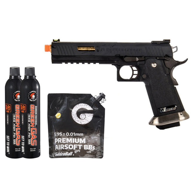 WE-Tech Hi-Capa 6" IREX Full Auto Competition Pistol - (Black/Gold Barrel/With Markings) Green Gas Combo