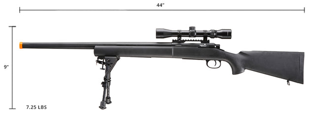 Airsoft Gun Lancer Tactical High FPS M24 Bolt Action Spring Powered Sniper Rifle w/ Scope & Bipod (Color: Black)