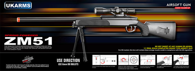 CYMA Airsoft MK51 Bolt Action Sniper Rifle W/ Scope - Black